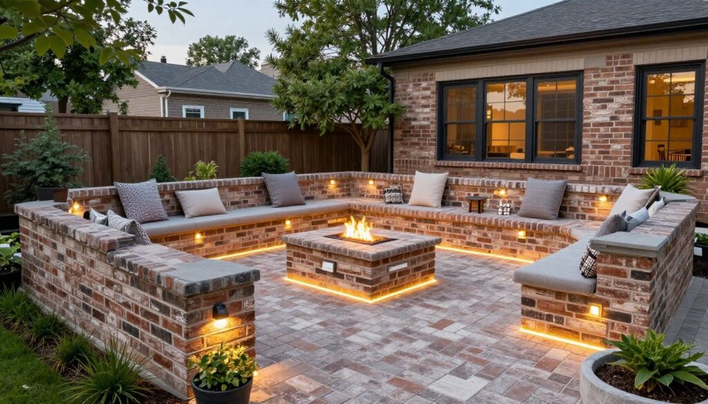 A luxurious and beautifully designed brick patio in a Chicago-style backyard featuring Unilock pavers, integrated LED lighting, and a custom fire pit during a sunny afternoon.