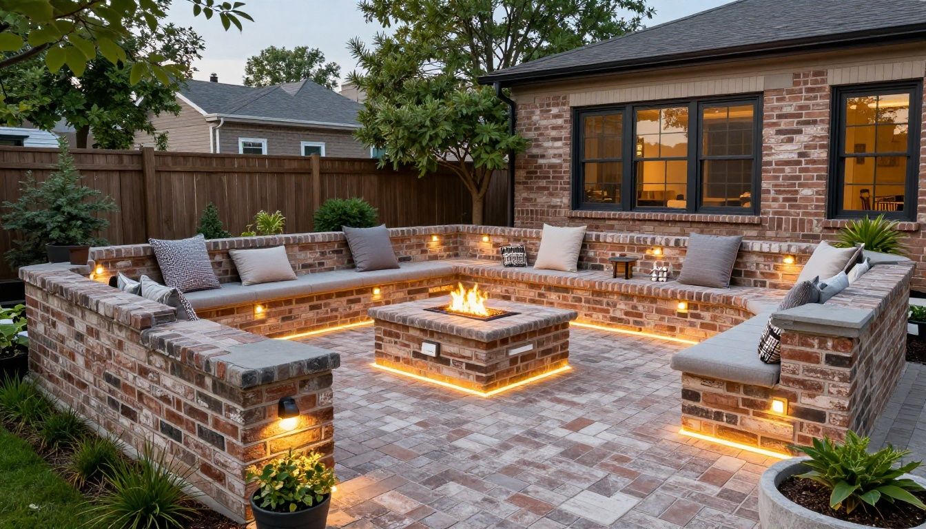 A luxurious and beautifully designed brick patio in a Chicago-style backyard featuring Unilock pavers, integrated LED lighting, and a custom fire pit during a sunny afternoon.