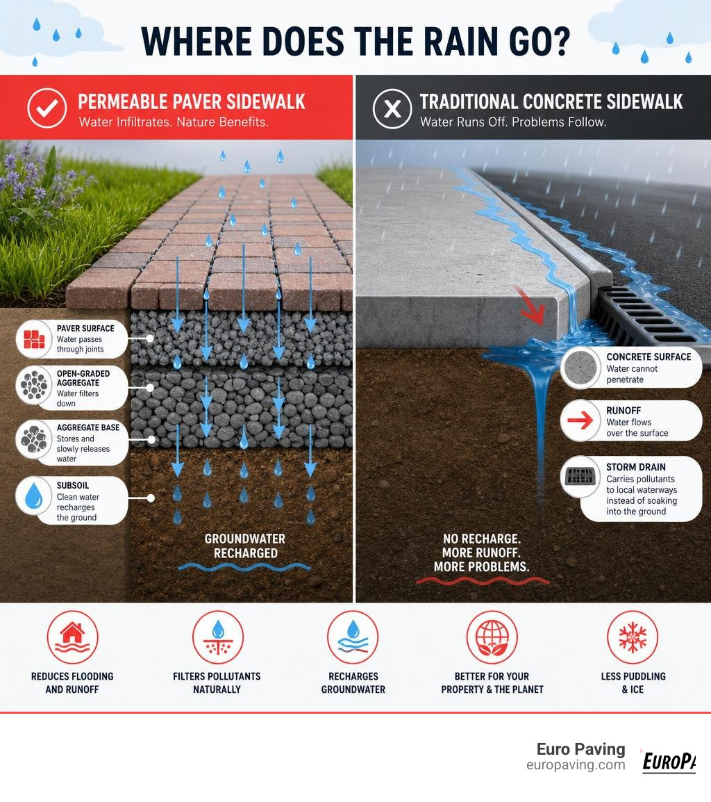 Infographic showing how stormwater infiltrates through permeable paver layers into subsoil vs. runoff from traditional