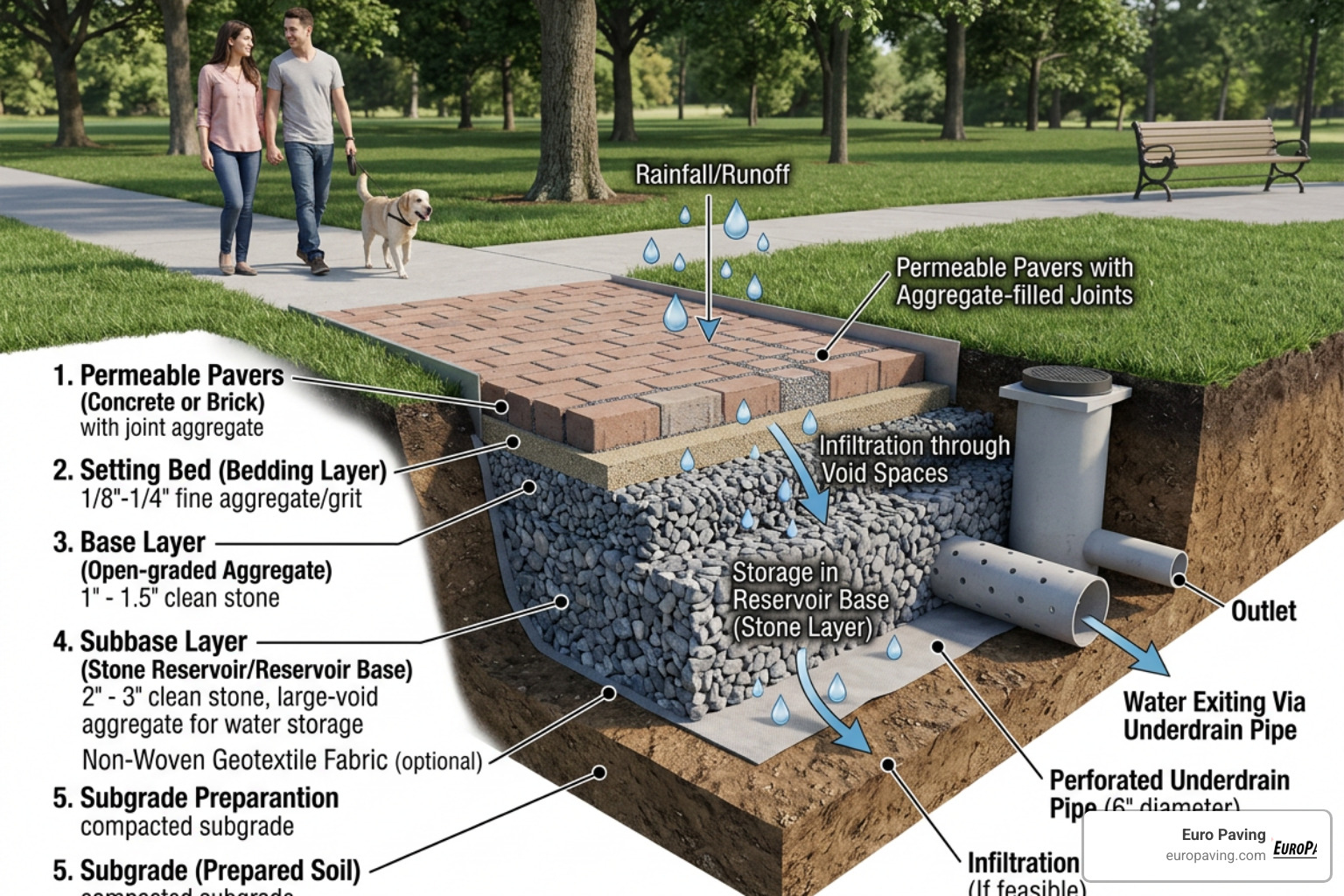 Cross-section diagram of permeable paver aggregate base layers and subgrade preparation