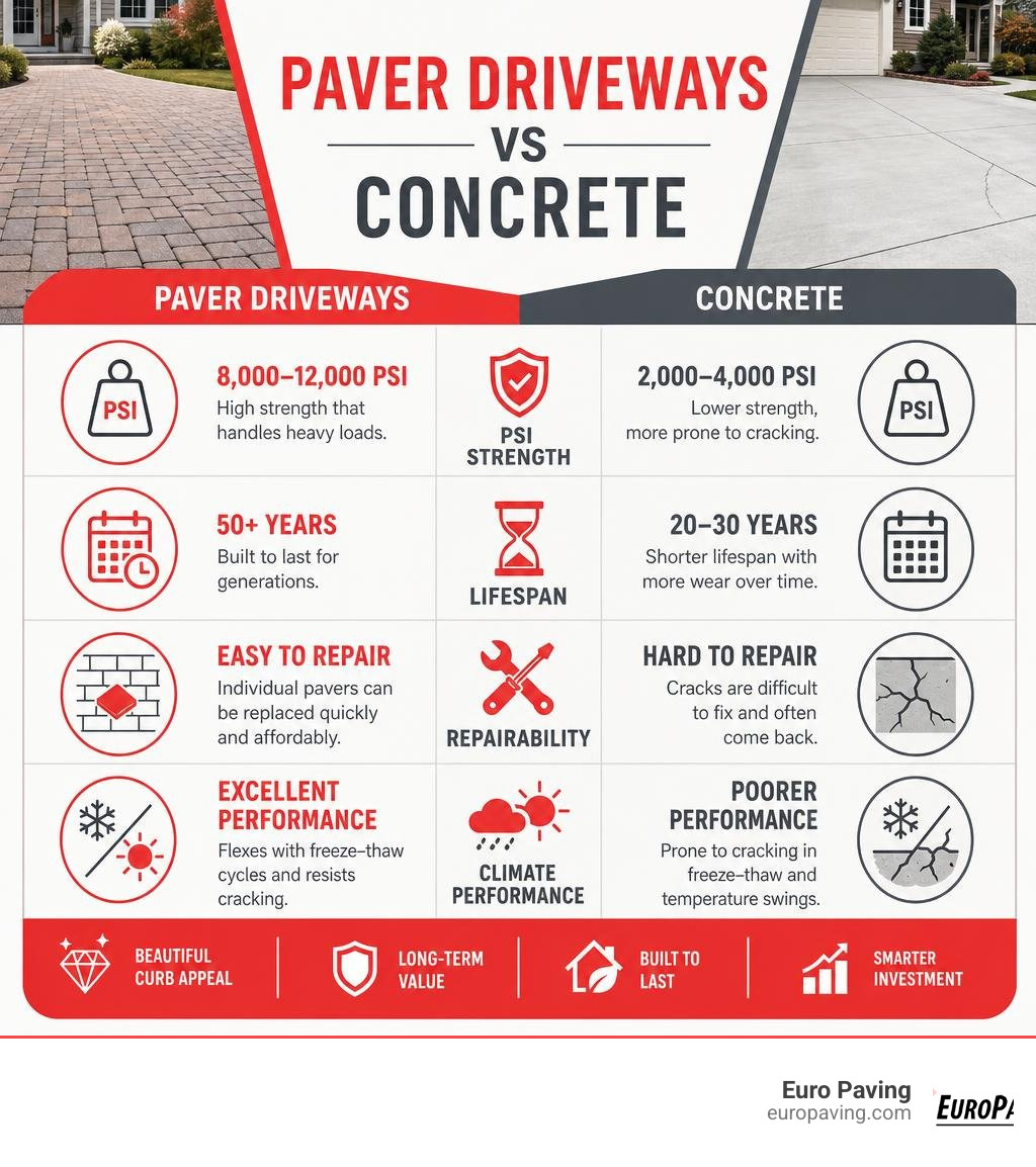 Infographic comparing paver driveways vs concrete: PSI strength, lifespan, repairability, and climate performance infographic
