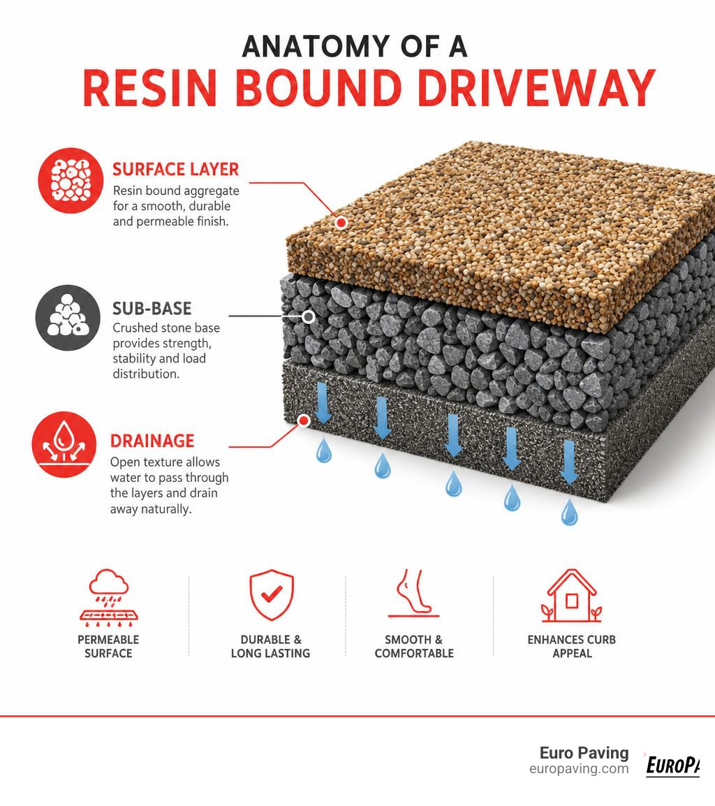 Anatomy of a resin bound driveway showing surface layer, sub-base, and drainage infographic Anatomy of a resin bound driveway showing surface layer, sub-base, and drainage infographic