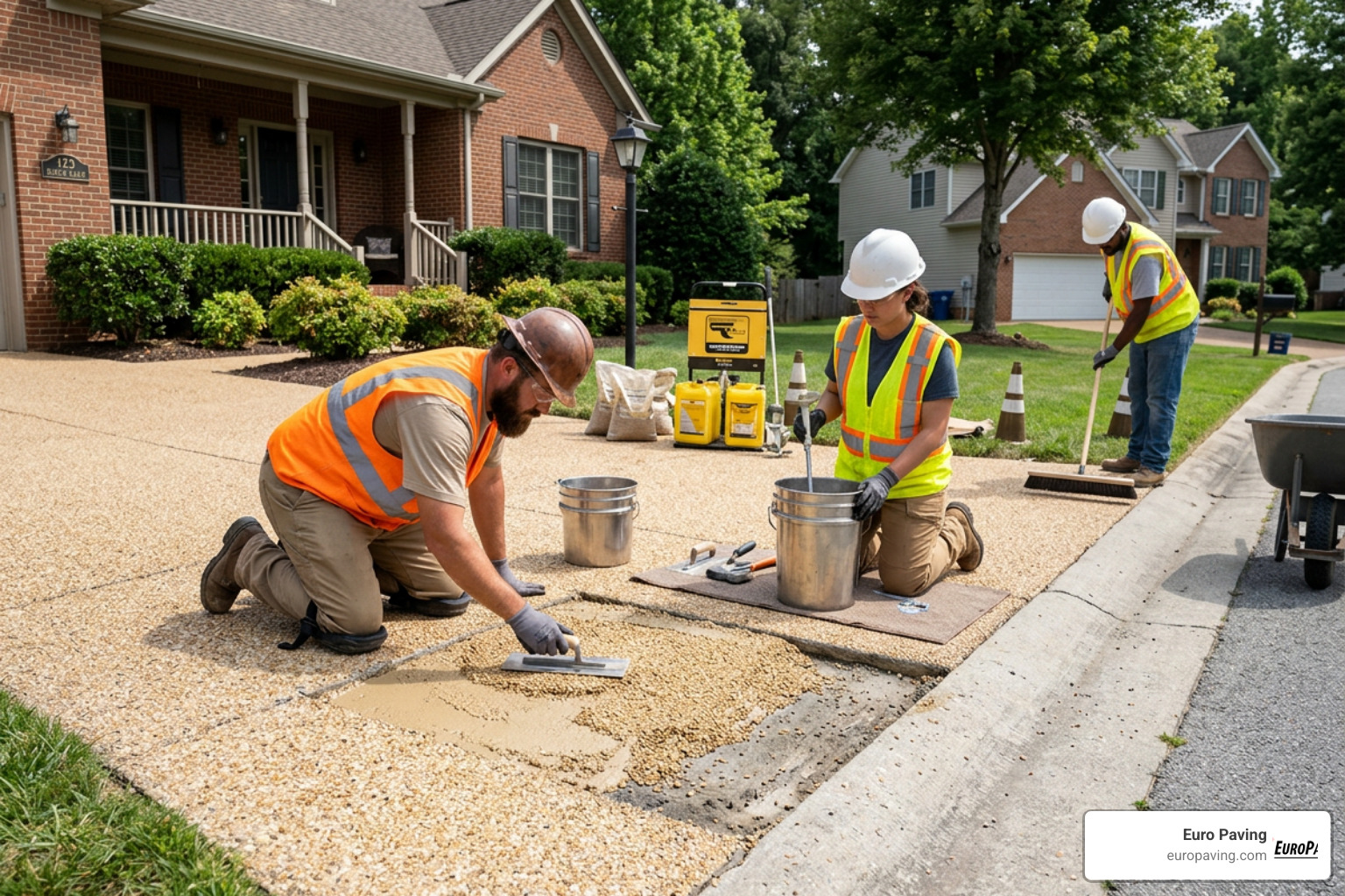 Professional resin driveway repair in progress showing color matching Professional resin driveway repair in progress showing color matching