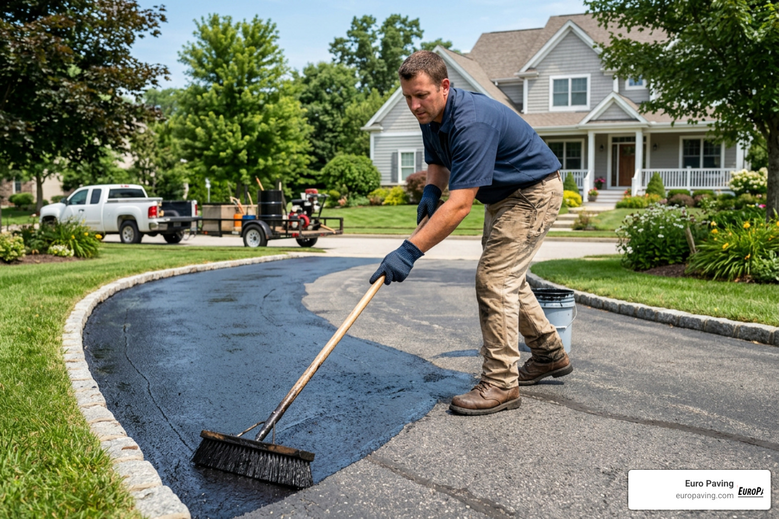 professional contractor applying sealcoat with a brush