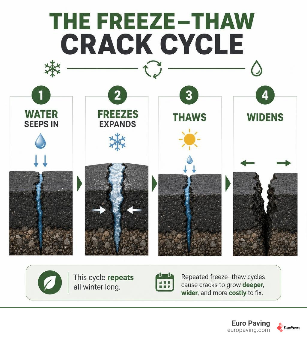 Infographic showing freeze-thaw crack cycle steps water seeps in freezes expands thaws widens infographic Infographic showing freeze-thaw crack cycle steps water seeps in freezes expands thaws widens infographic