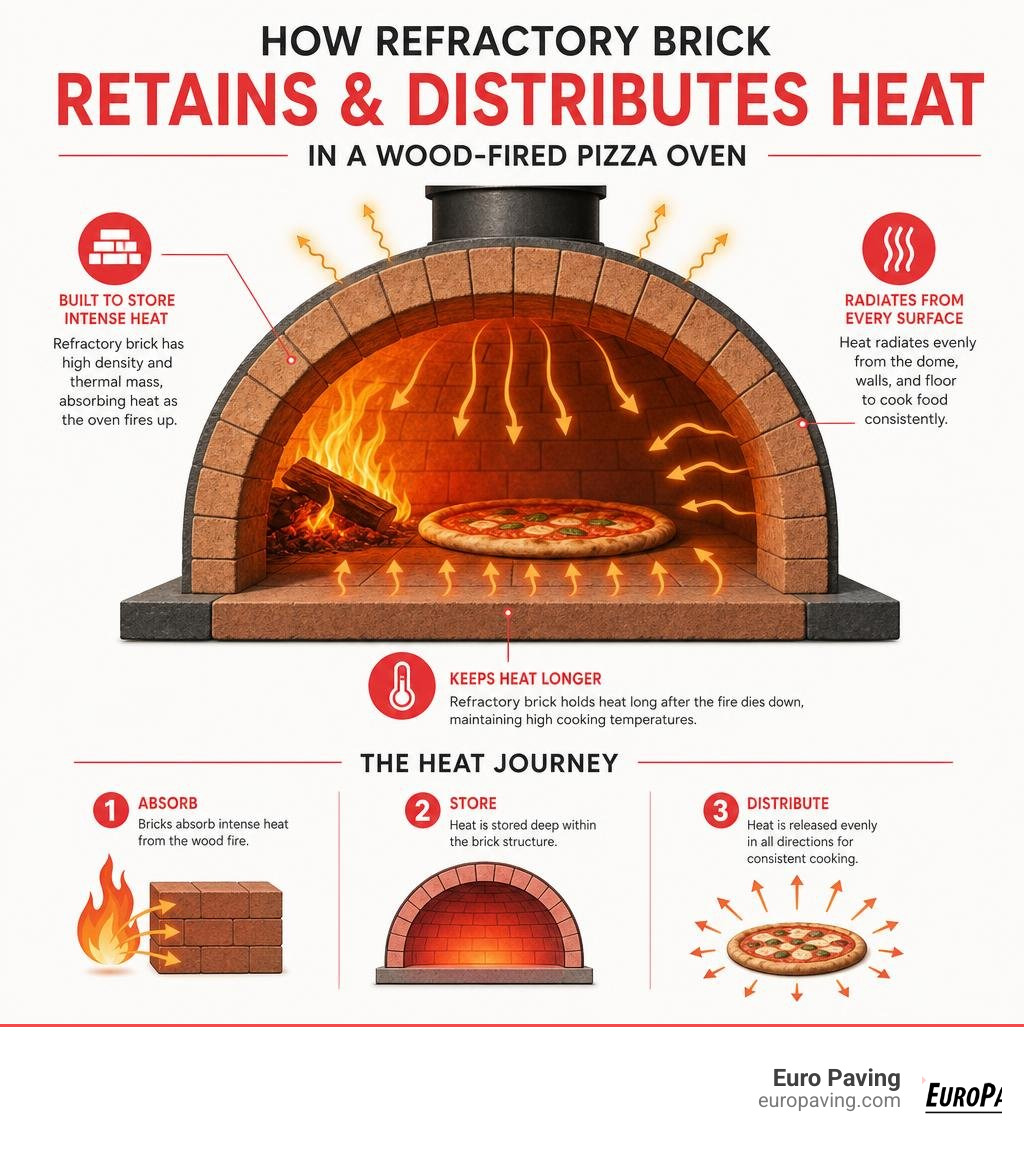 How refractory brick retains and distributes heat in a wood-fired pizza oven infographic