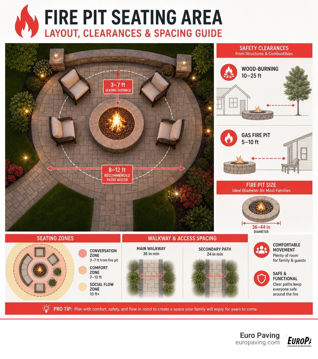 Infographic showing fire pit seating area layout with safety clearances, patio dimensions, seating zones, and walkway Infographic showing fire pit seating area layout with safety clearances, patio dimensions, seating zones, and walkway