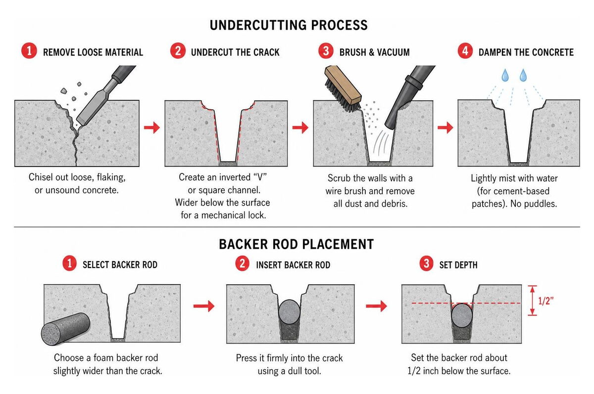 Diagram showing the undercutting process and backer rod placement