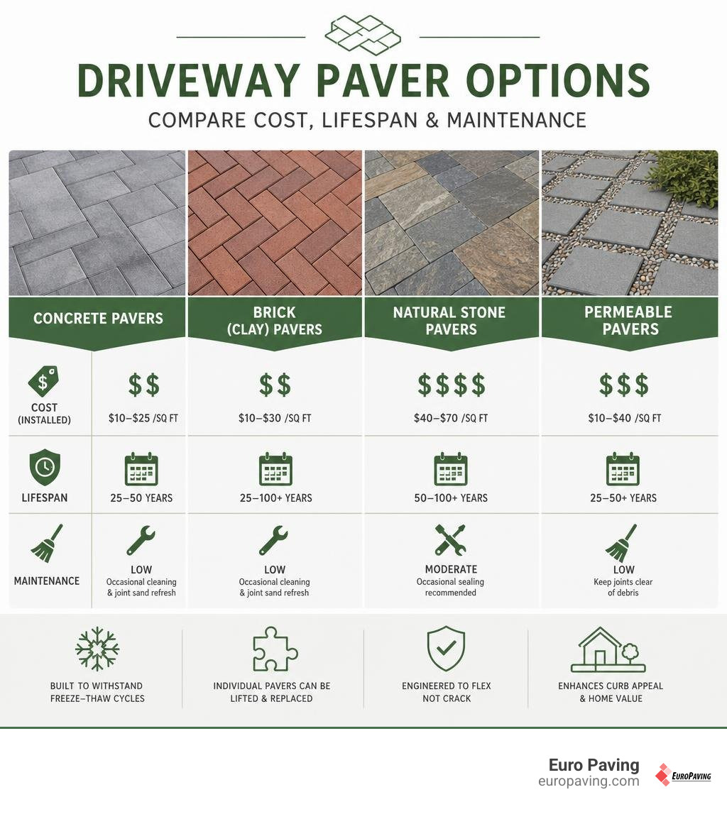 Infographic comparing driveway paver options: concrete, brick, stone, permeable - cost, lifespan, maintenance infographic