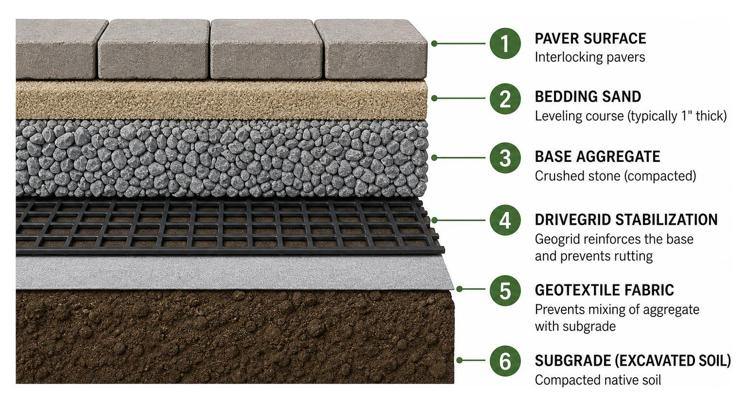 driveway paver base preparation diagram showing layers