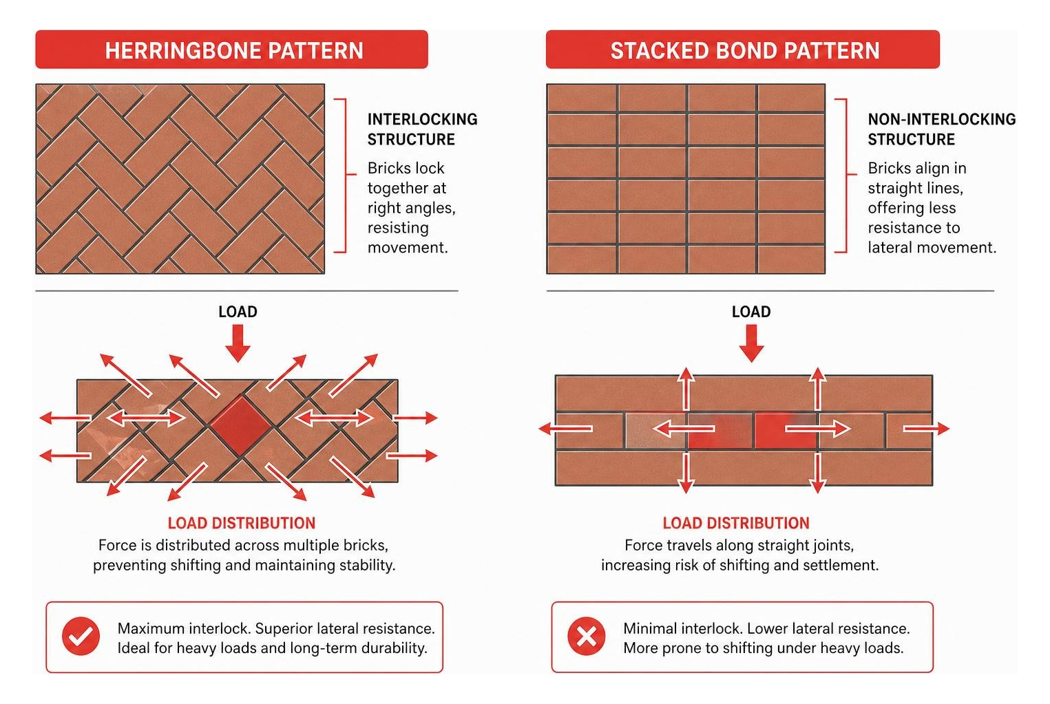 diagram showing the interlocking load distribution of a herringbone pattern versus a stacked bond pattern