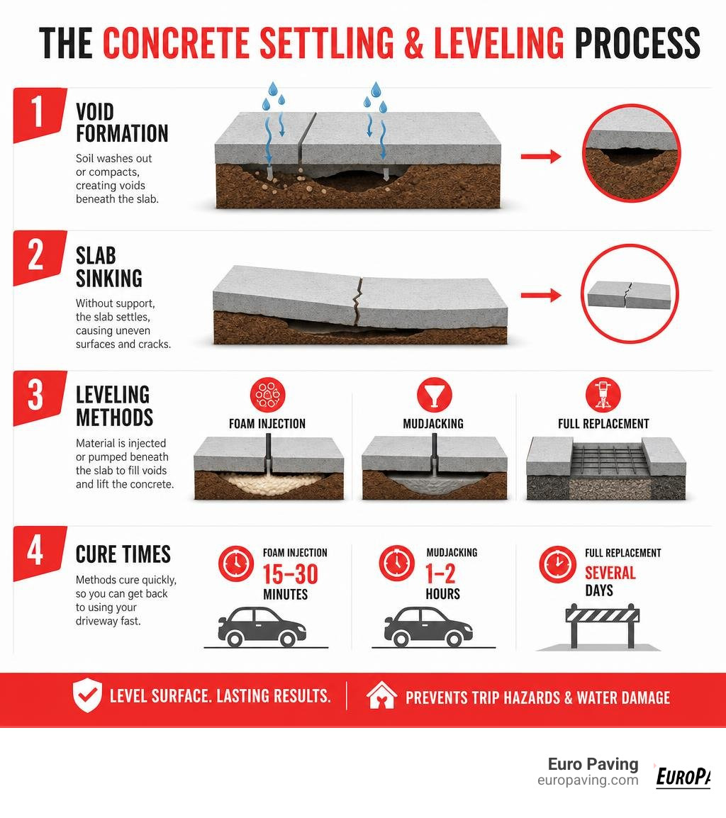 Infographic showing concrete settling process: void formation, slab sinking, leveling methods, and cure times infographic Infographic showing concrete settling process: void formation, slab sinking, leveling methods, and cure times infographic