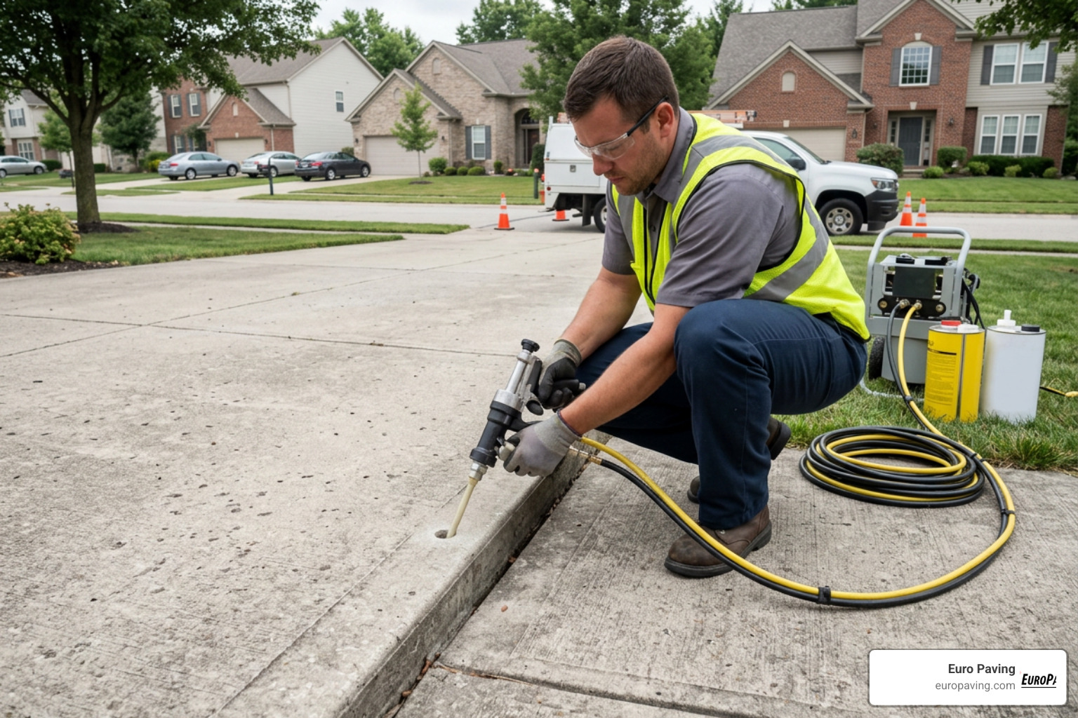 A technician injecting polyurethane foam under a concrete driveway slab to lift it A technician injecting polyurethane foam under a concrete driveway slab to lift it