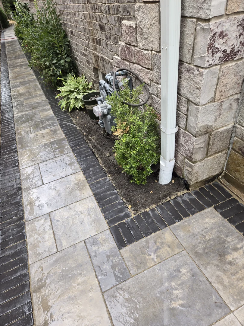 A clean soldier course border on a suburban walkway
