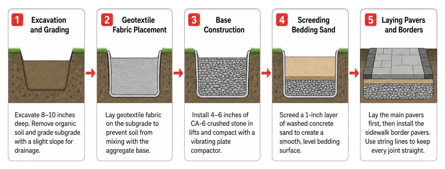 Process flow of professional sidewalk installation from excavation to final compaction