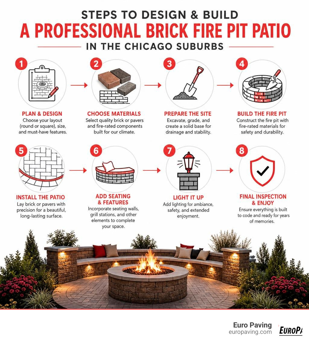 Steps to design and build a professional brick fire pit patio in the Chicago suburbs infographic