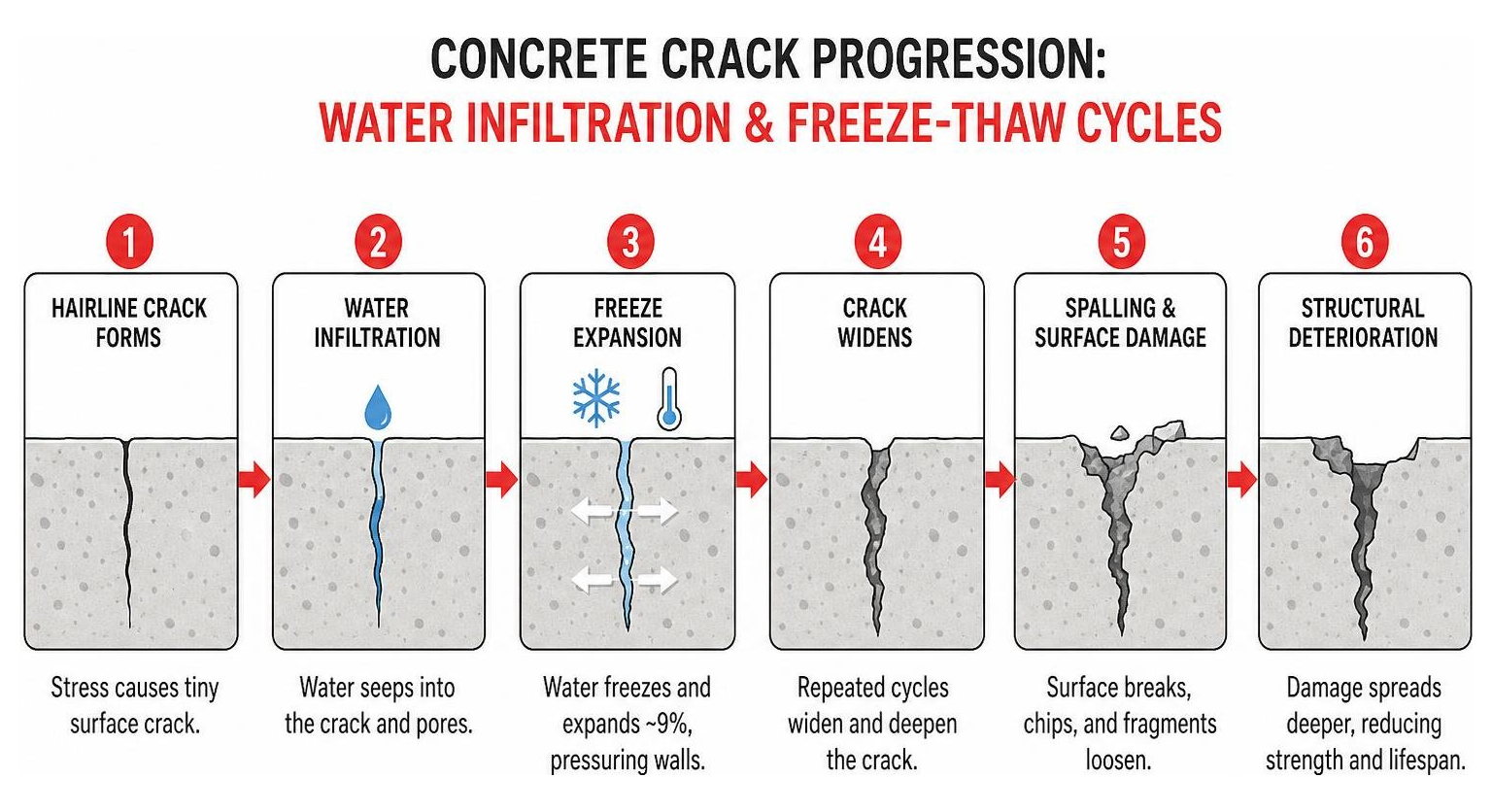 Diagram of concrete crack progression due to water infiltration and freeze-thaw cycles