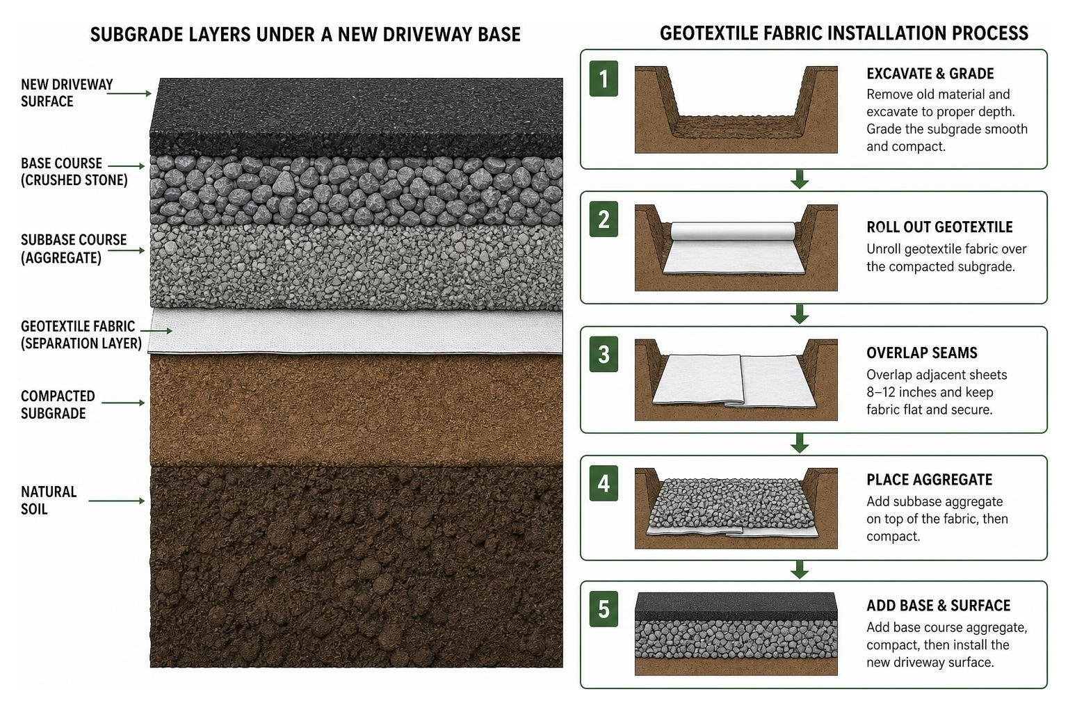Subgrade layers and geotextile fabric installation under a new driveway base