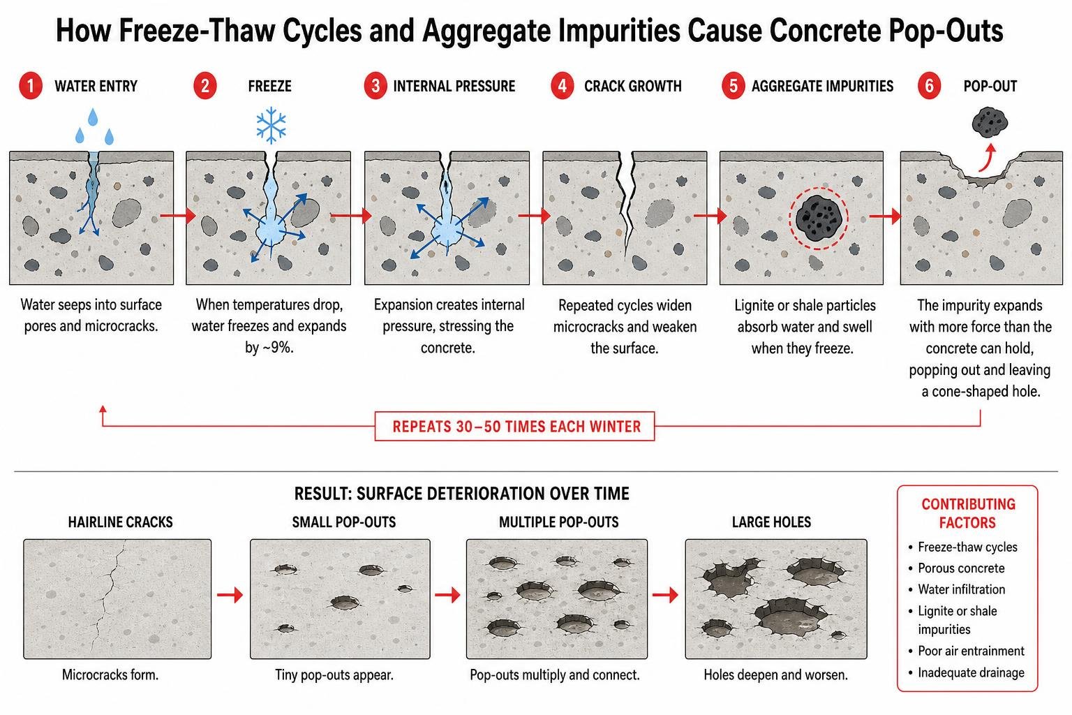 How freeze-thaw cycles and aggregate impurities cause concrete pop-outs