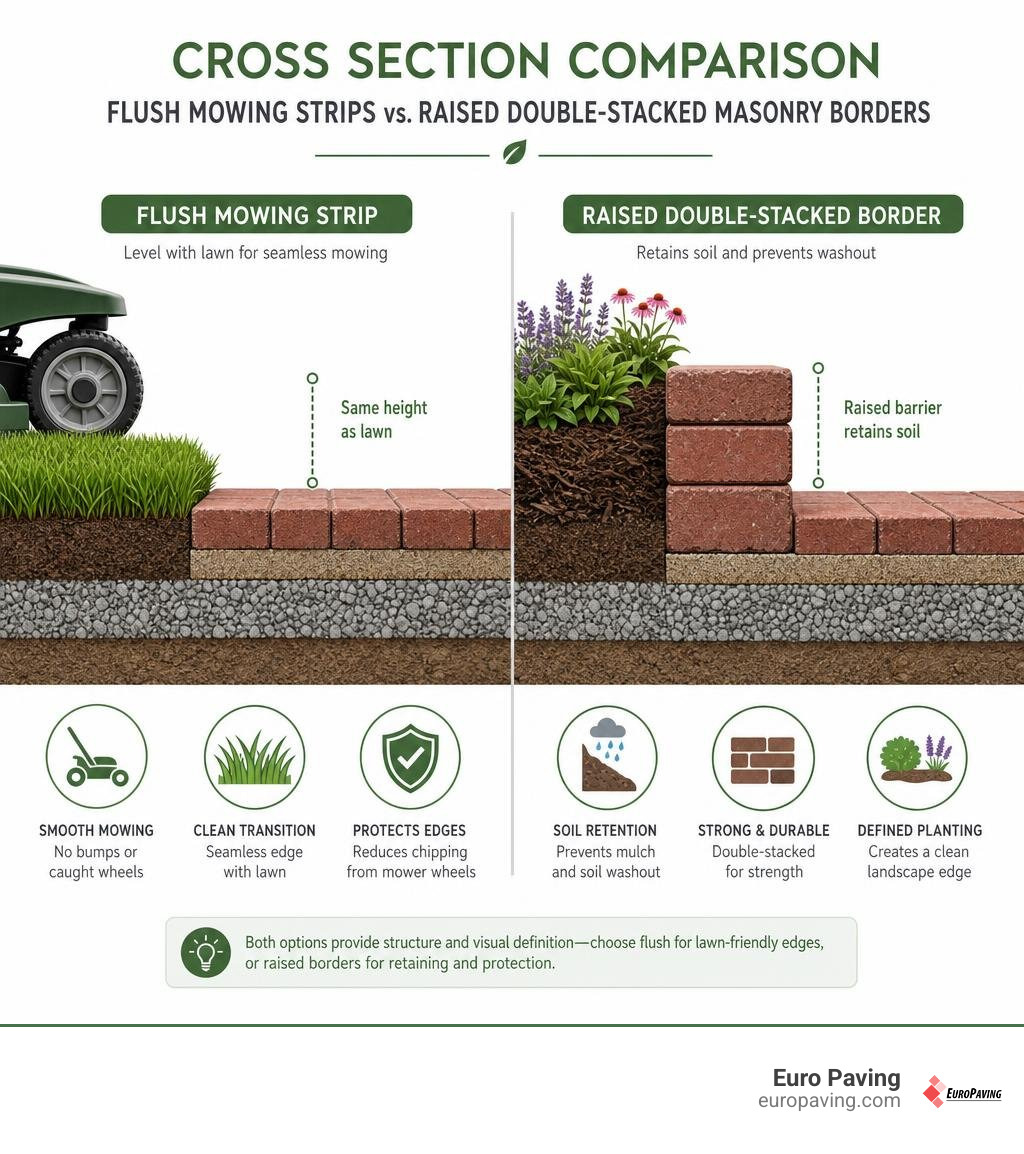 Cross section comparison of flush mowing strips versus raised double-stacked masonry borders infographic