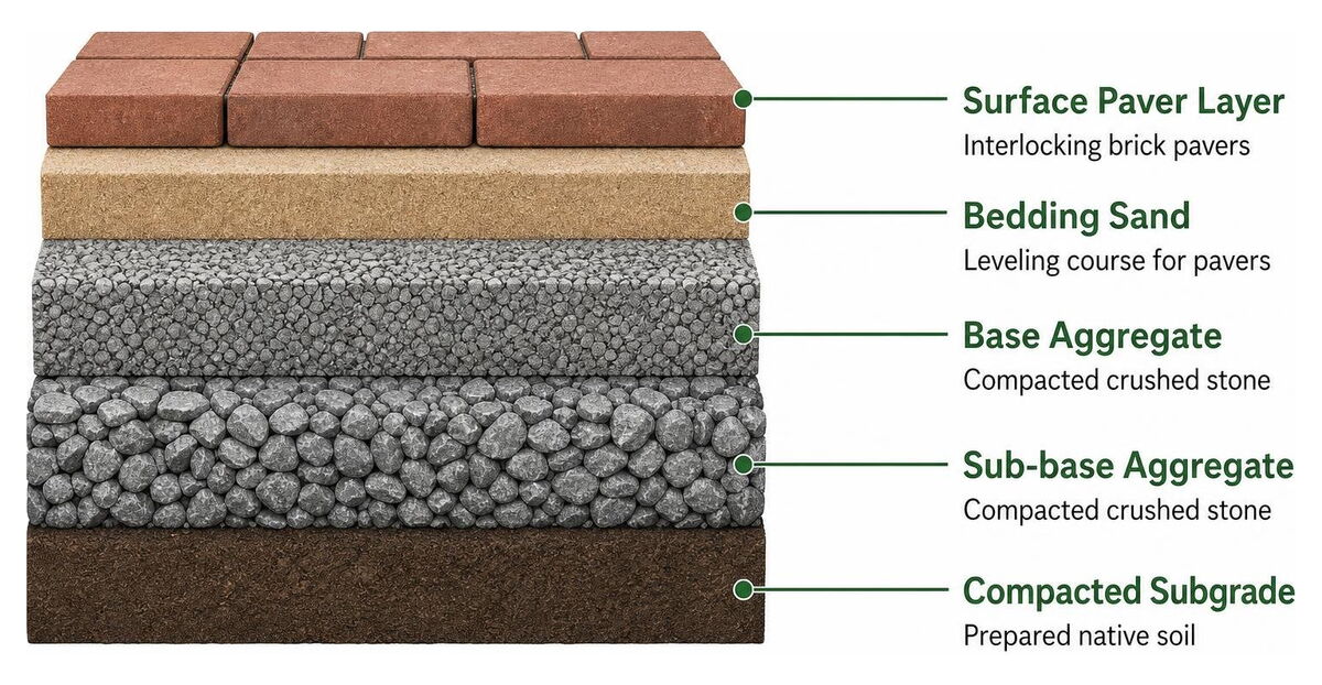 Sub-base engineering cross-section from compacted aggregate to surface paver layer