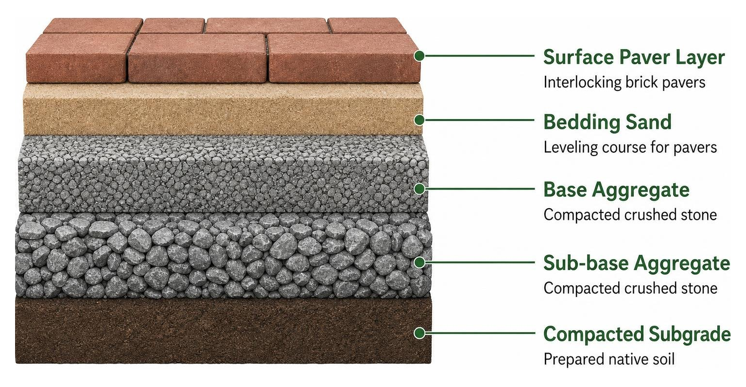 Sub-base engineering cross-section from compacted aggregate to surface paver layer Sub-base engineering cross-section from compacted aggregate to surface paver layer