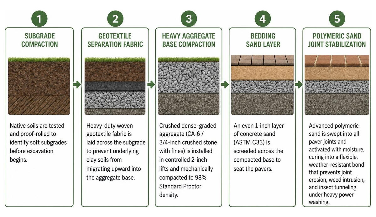 Commercial base engineering process from subgrade compaction through polymeric stabilization