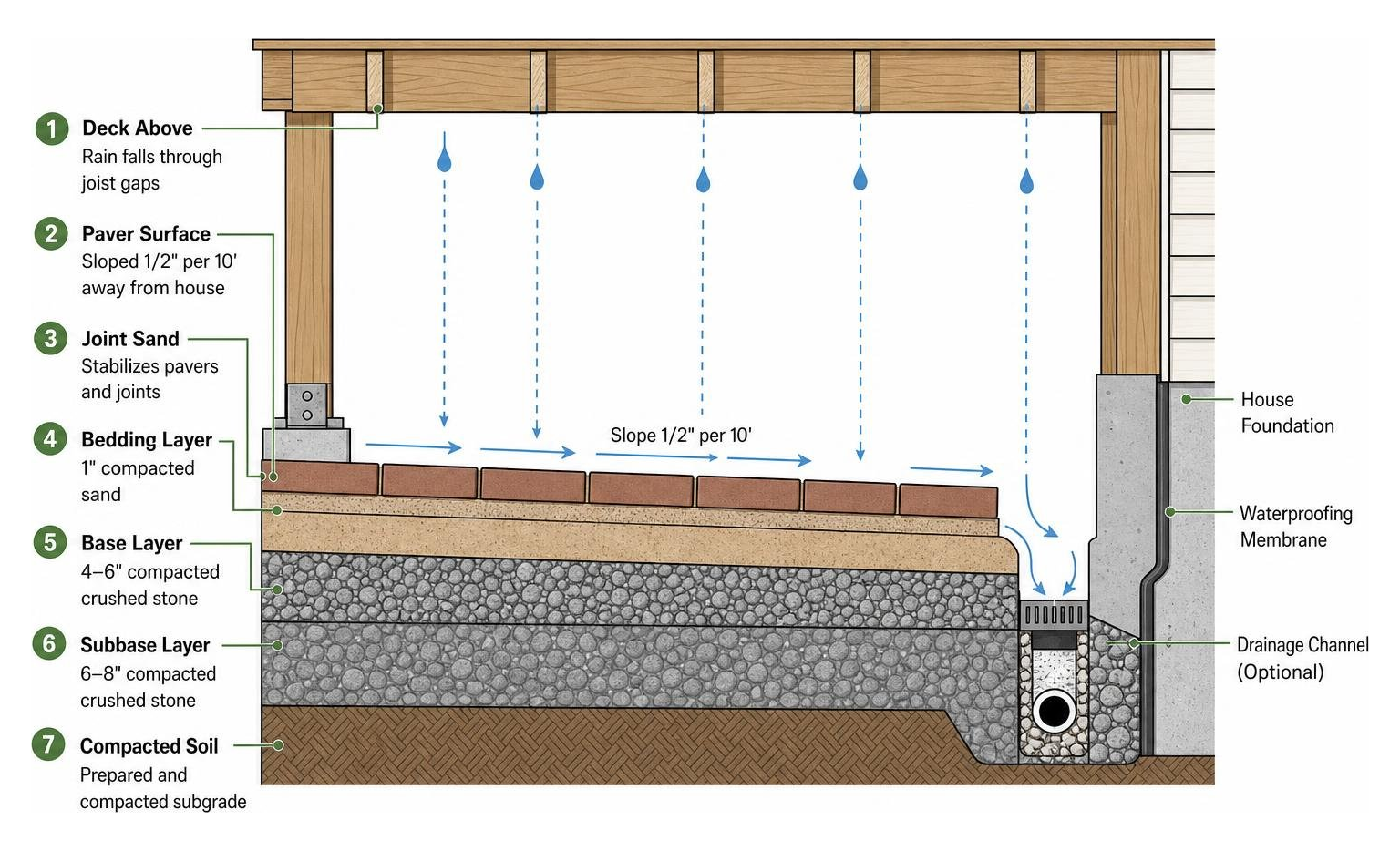 Cross-section diagram of under-deck slope, base layers, and water runoff channels