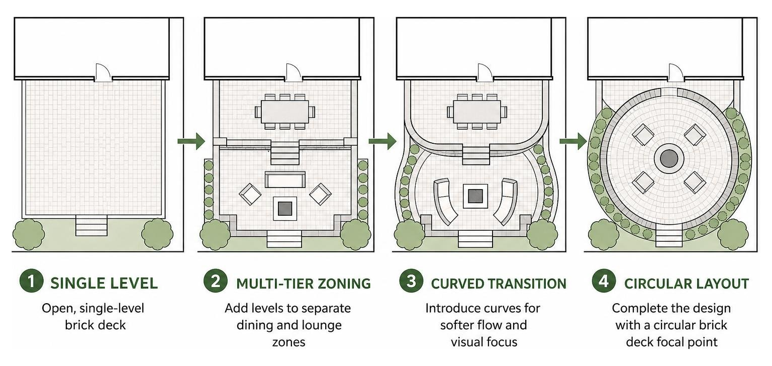 Step-by-step layout transition from multi-tier to circular brick deck zoning