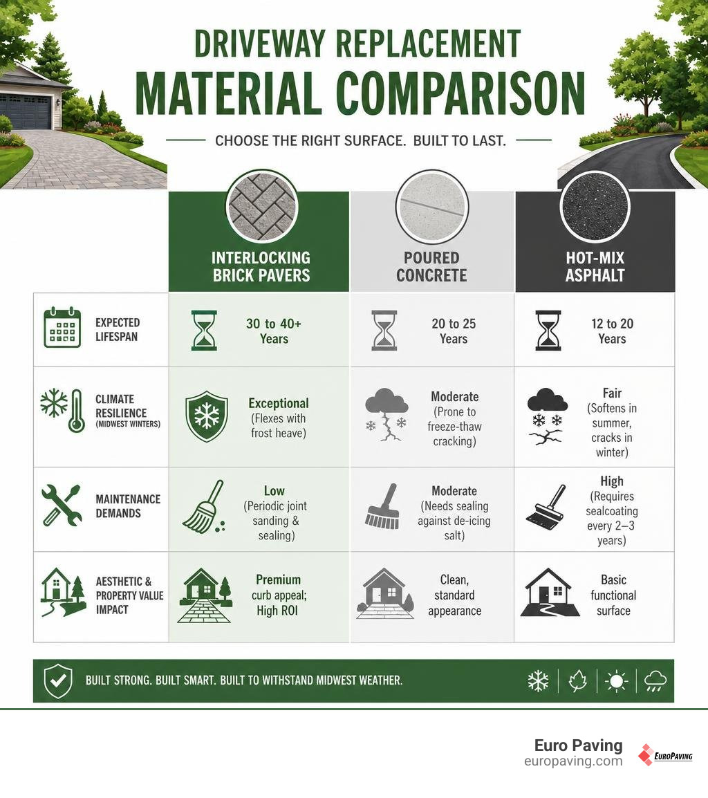 Comparison of driveway replacement materials including Unilock brick pavers and asphalt infographic