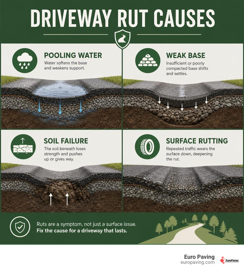 Driveway rut causes: pooling water, weak base, soil failure, and surface rutting infographic Driveway rut causes: pooling water, weak base, soil failure, and surface rutting infographic