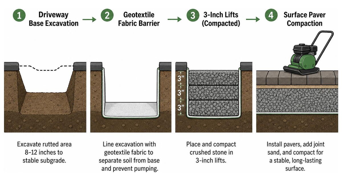 Driveway base excavation, geotextile fabric barrier, 3-inch lifts, and surface paver compaction Driveway base excavation, geotextile fabric barrier, 3-inch lifts, and surface paver compaction