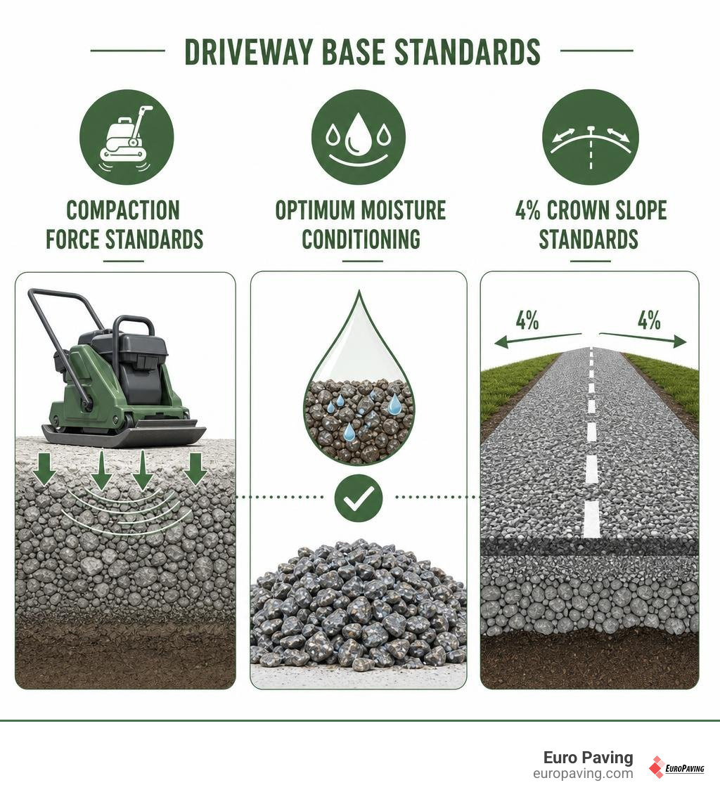 Compaction force standards, optimum moisture conditioning, and 4 percent crown slope standards infographic Compaction force standards, optimum moisture conditioning, and 4 percent crown slope standards infographic