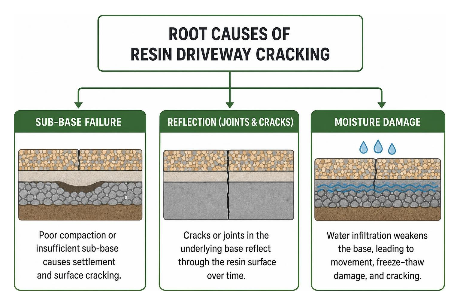Diagram showing root causes of resin driveway cracking: sub-base failure, reflection, and moisture