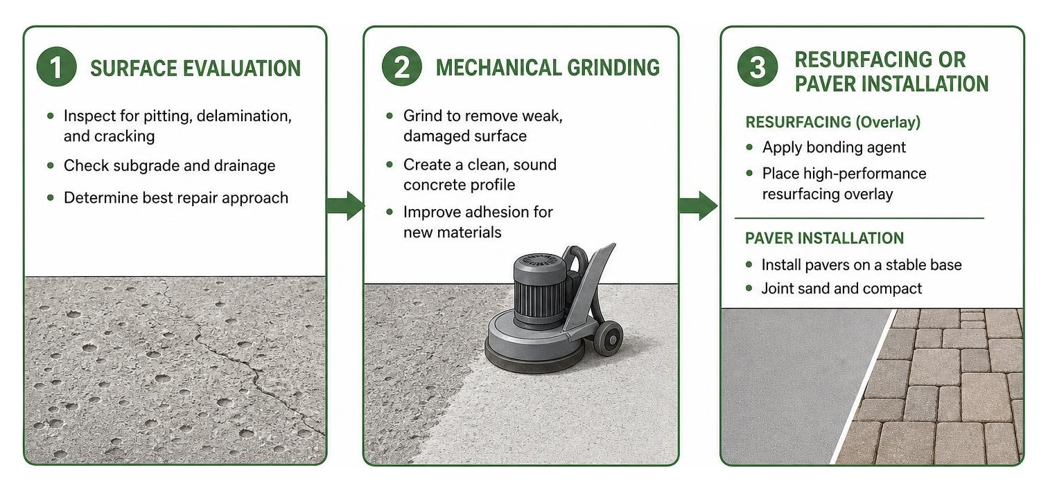 Driveway repair workflow: Surface evaluation, mechanical grinding, and resurfacing or paver installation