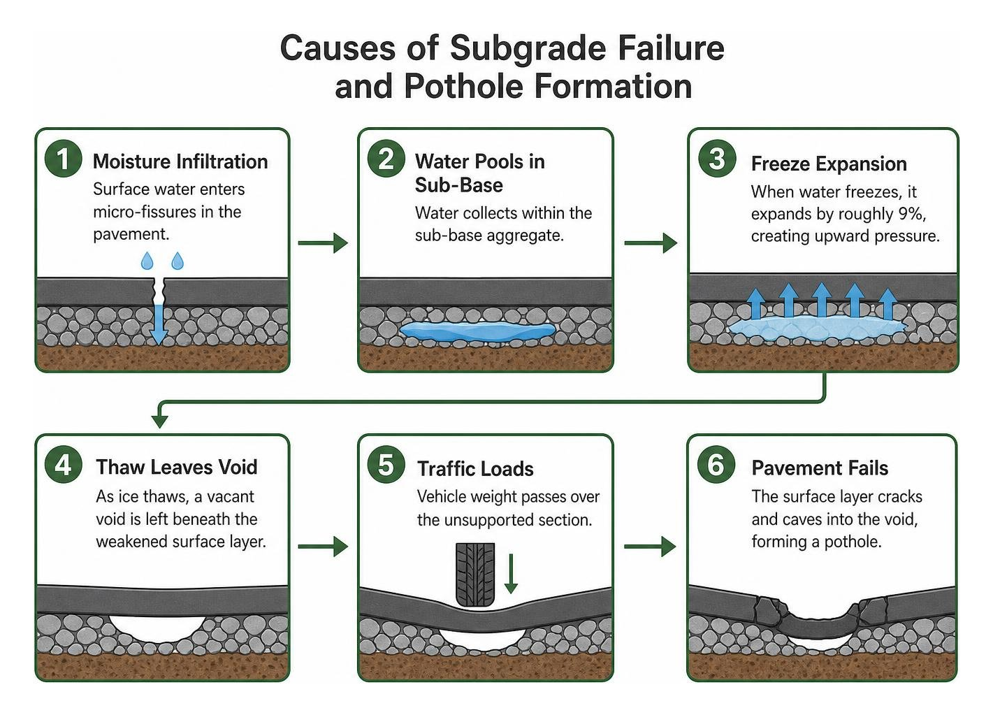 Causes of subgrade failure and pothole formation
