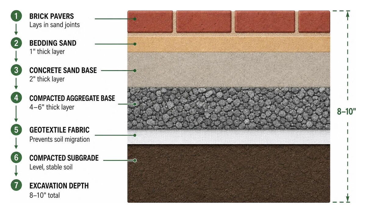 diagram showing proper multi layer excavation sub base for brick paver patio
