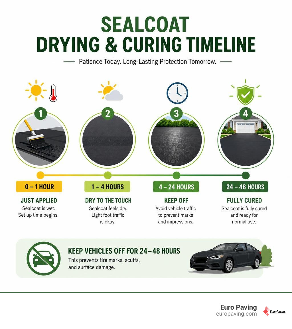 Sealcoat drying and curing timeline infographic