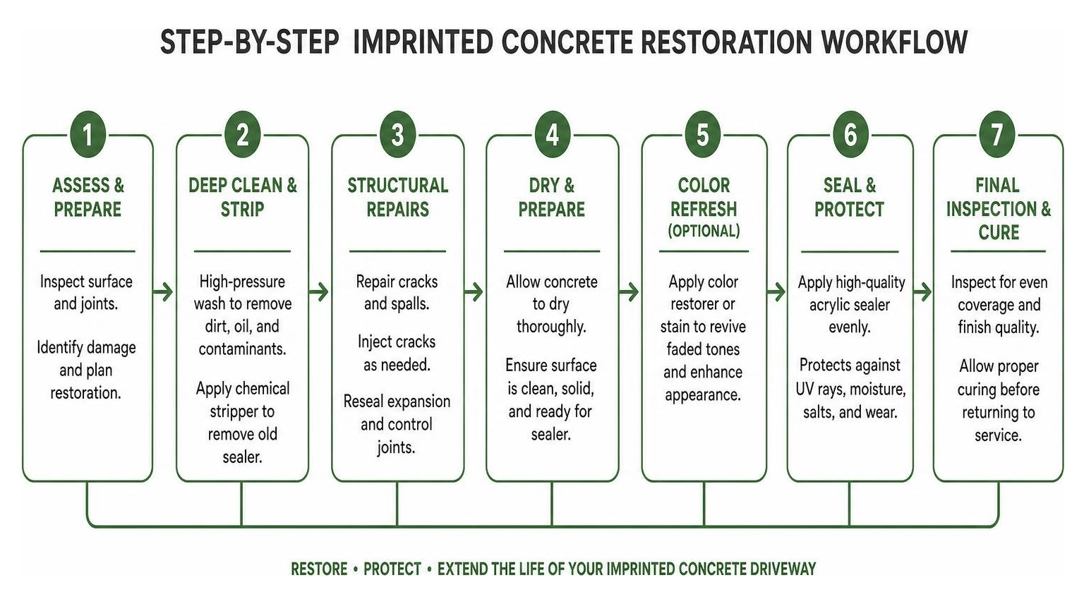 Step by step imprinted concrete restoration workflow chart