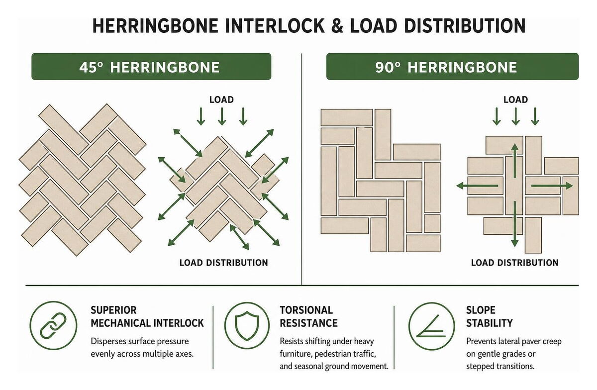 diagram of 45-degree vs 90-degree herringbone interlock and load distribution