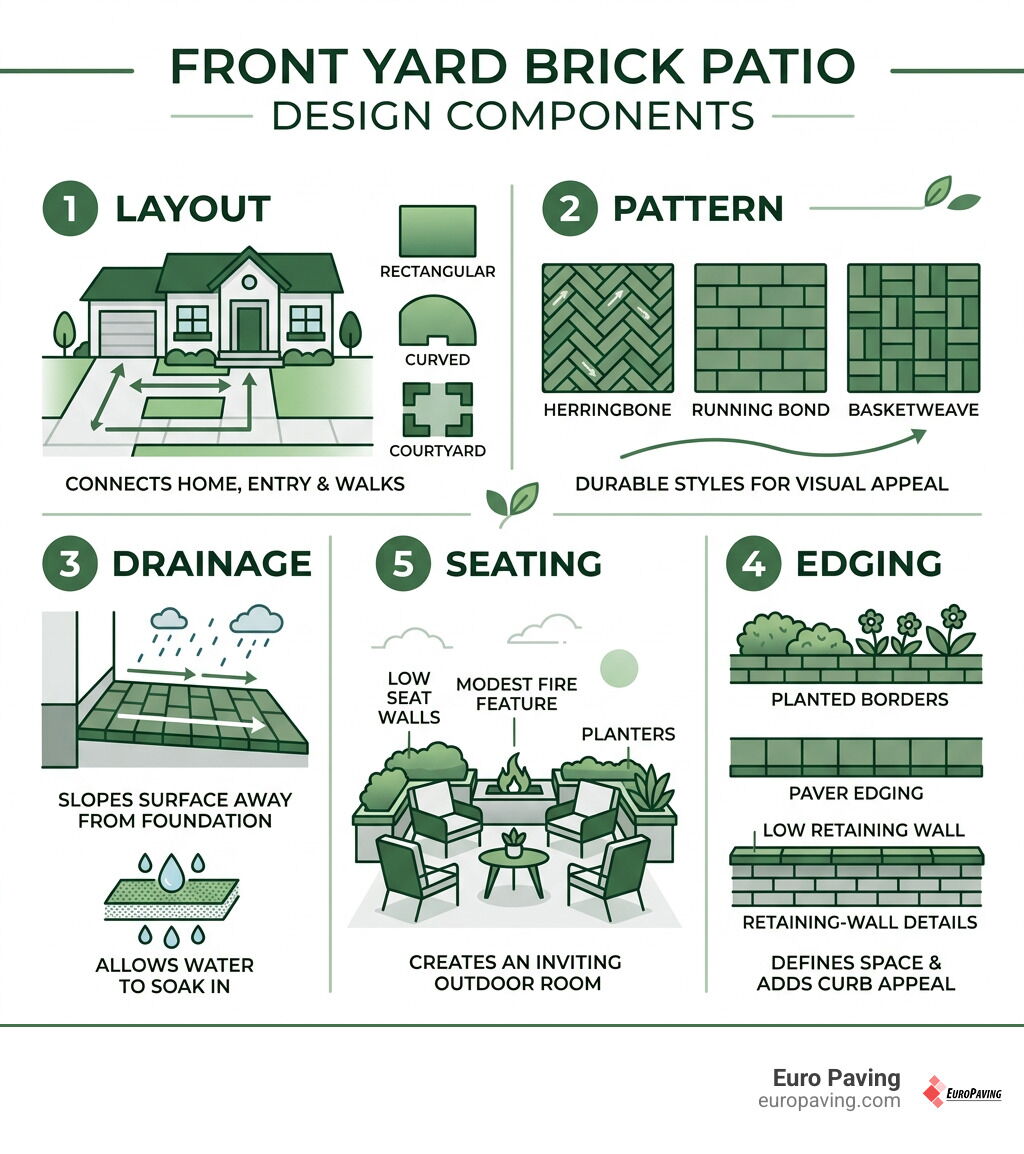 Front yard brick patio design components: layout, pattern, drainage, edging, and seating infographic
