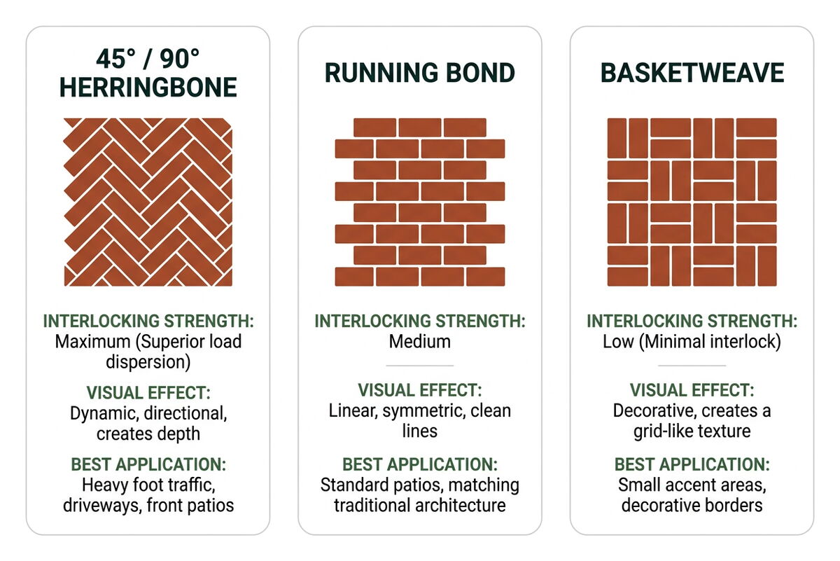 Comparison of brick patio bond patterns: herringbone, running bond, and basketweave