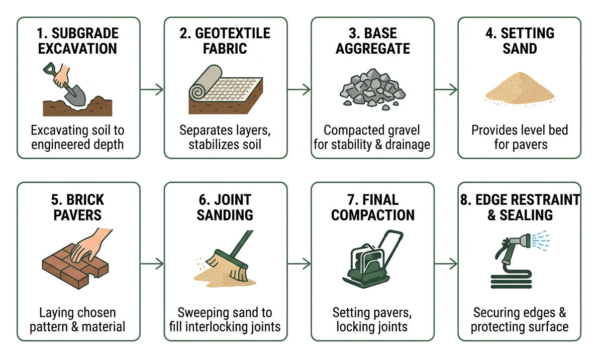 Step-by-step brick patio foundation layers: subgrade, geotextile, base, sand, pavers