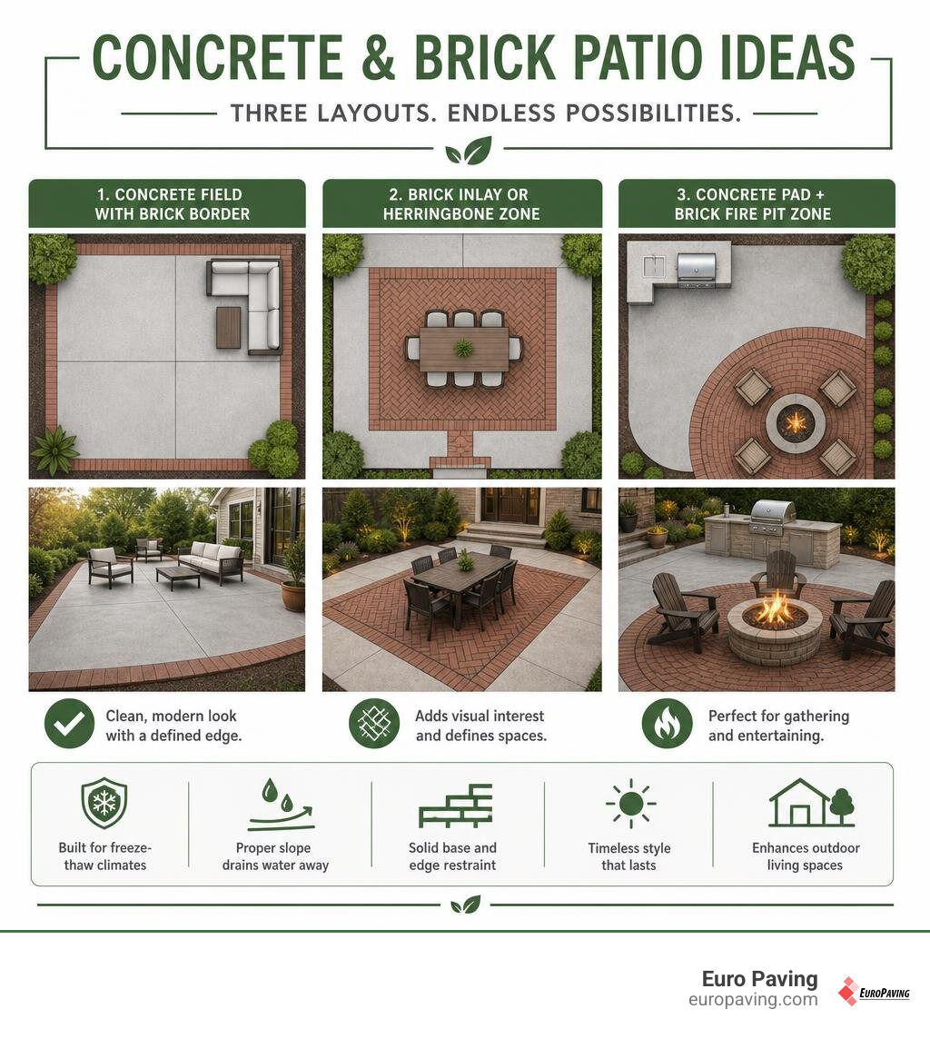 Infographic comparing concrete main field with brick border, inlay, and fire pit patio layouts infographic