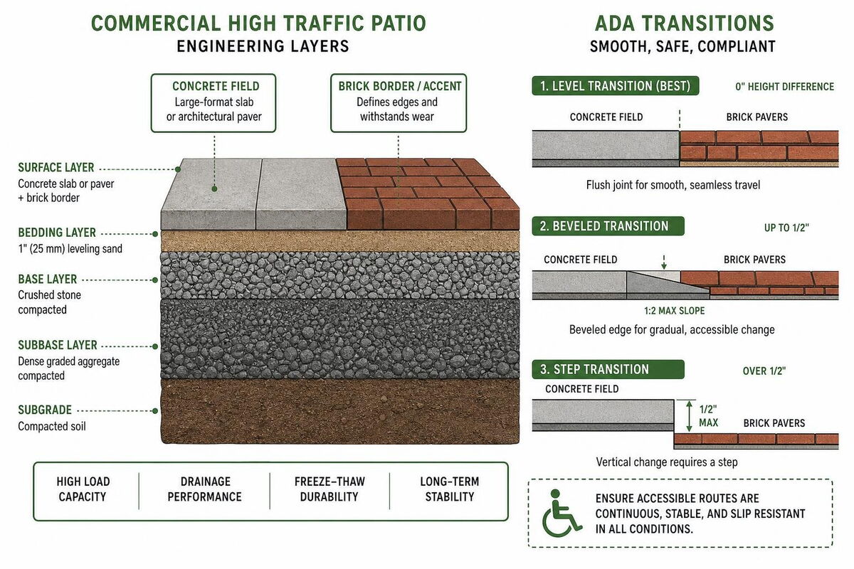 Diagram showing commercial high traffic patio engineering layers and ADA transitions
