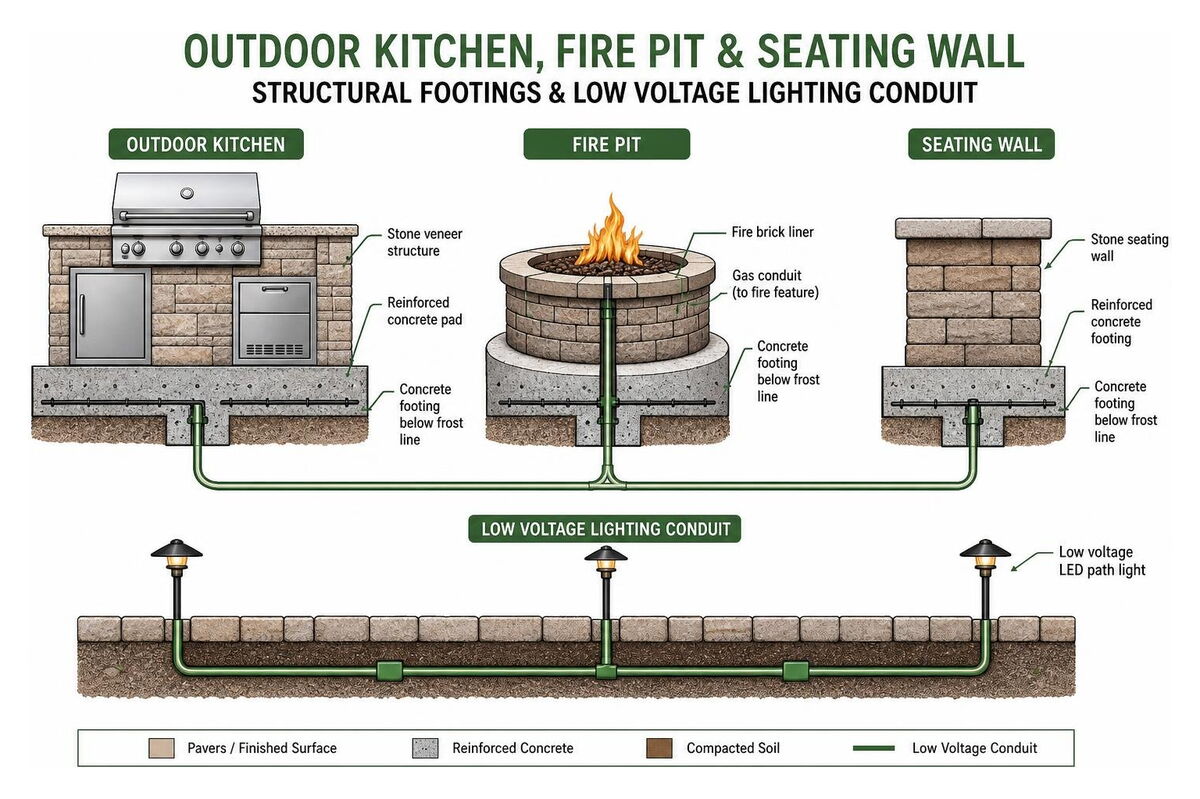 Diagram of outdoor kitchen and fire pit structural footings with low voltage lighting conduit