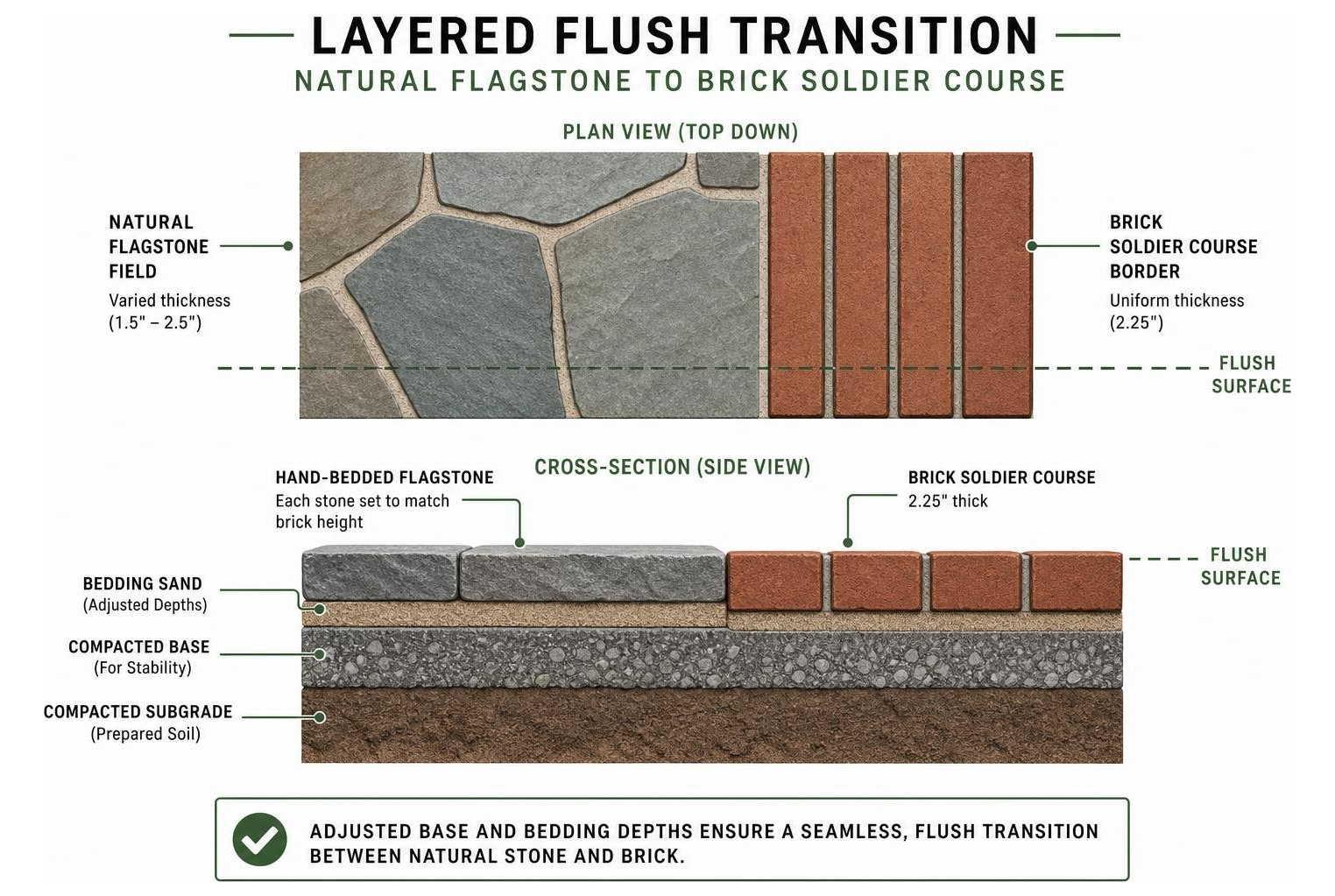 Diagram of layered flush transition between natural flagstone and brick soldier course border