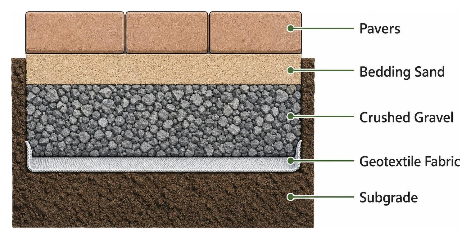 Diagram of standard dry-laid excavation profile: subgrade, geotextile fabric, crushed gravel, bedding sand, and pavers