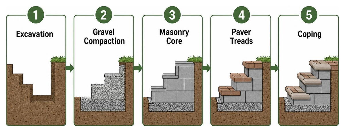 Step installation sequence: excavation, gravel compaction, masonry core, paver treads, coping
