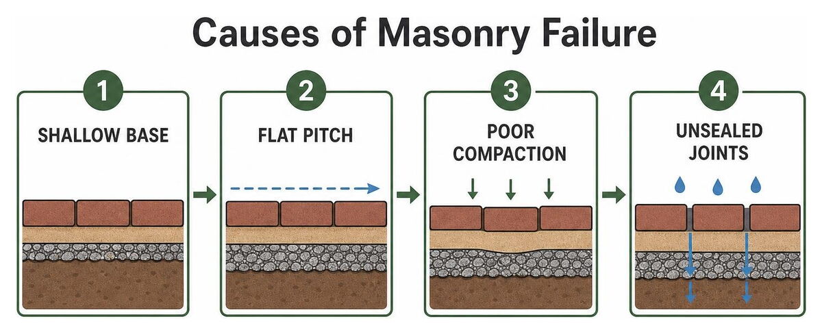Causes of masonry failure: shallow base, flat pitch, poor compaction, unsealed joints
